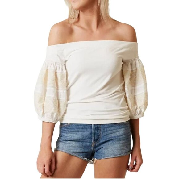 Free People NWT Rock With It Embroidered Knit Blouse Ivory Puff Sleeve Size S - Picture 6 of 11